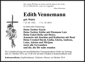 Traueranzeige von Edith Vennemann von Südthüringer Presse