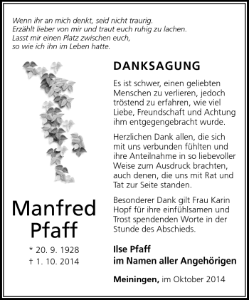 Traueranzeige von Manfred Pfaff von Südthüringer Presse