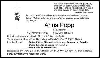 Traueranzeige von Anna Popp von Frankenpost