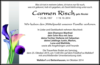 Traueranzeige von Carmen Risch von Südthüringer Presse