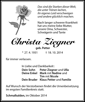 Traueranzeige von Christa Ziegner von Südthüringer Presse