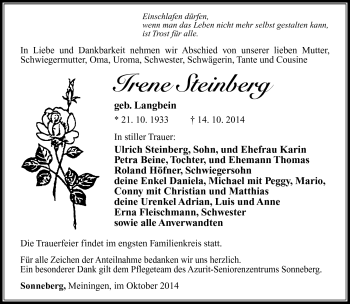Traueranzeige von Irene Steinberg von Südthüringer Presse