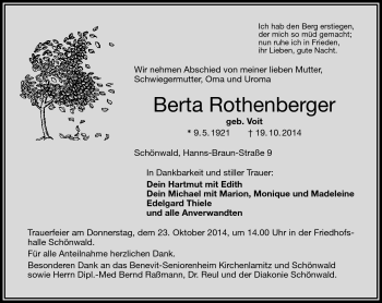 Traueranzeige von Berta Rothenberger von Frankenpost