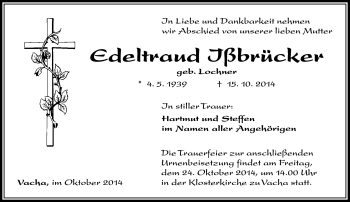 Traueranzeige von Edeltraud Ißbrücker von Südthüringer Presse