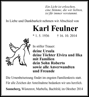 Traueranzeige von Karl Feulner von Südthüringer Presse