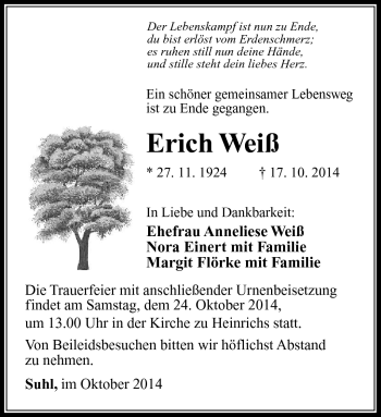 Traueranzeige von Erich Weiß von Südthüringer Presse