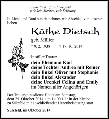 Traueranzeige von Käthe Dietsch von Südthüringer Presse