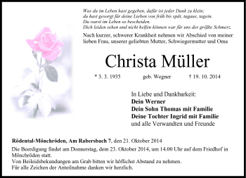 Traueranzeige von Christa Müller von Neue Presse Coburg