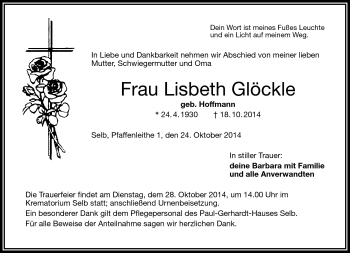 Traueranzeige von Lisbeth Glöckle von Frankenpost
