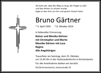 Traueranzeige von Bruno Gärtner von Frankenpost