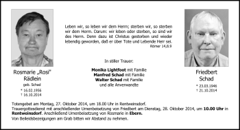 Traueranzeige von RosmarieFriedbert RädleinSchad von Neue Presse Coburg