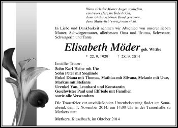 Traueranzeige von Elisbeth Möder von Südthüringer Presse