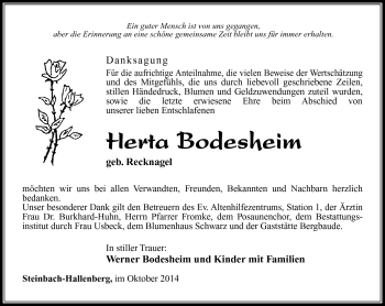Traueranzeige von Herta Bodesheim von Südthüringer Presse