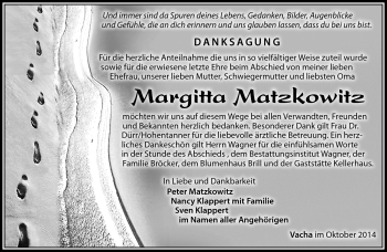 Traueranzeige von Margitta Matzkowitz von Südthüringer Presse