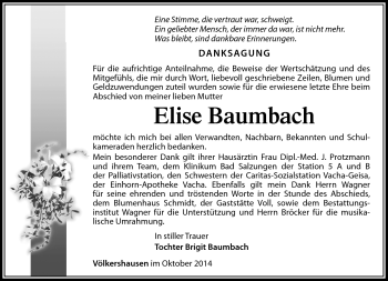 Traueranzeige von Elise Baumbach von Südthüringer Presse