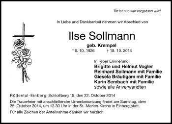 Traueranzeige von Ilse Sollmann von Neue Presse Coburg