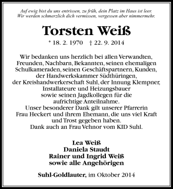 Traueranzeige von Torsten Weiß von Südthüringer Presse