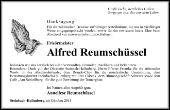 Traueranzeige von Alfred Reumschüssel von Südthüringer Presse