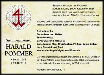Traueranzeige von Harald Pommer von Südthüringer Presse