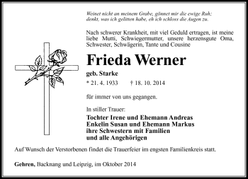 Traueranzeige von Frieda Werner von Südthüringer Presse