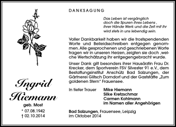 Traueranzeige von Ingrid Hiemann von Südthüringer Presse