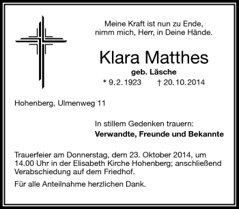 Traueranzeige von Klara Matthes von Frankenpost