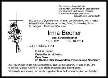 Traueranzeige von Irma Becher von Frankenpost