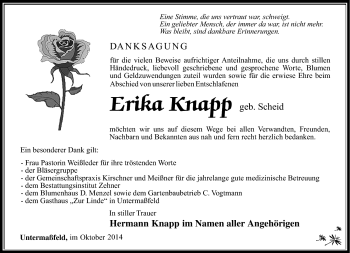 Traueranzeige von Erika Knapp von Südthüringer Presse