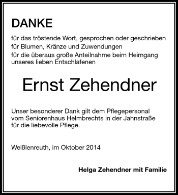Traueranzeige von Ernst Zehendner von Frankenpost