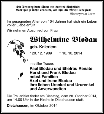 Traueranzeige von Wilhelmine Blodau von Südthüringer Presse