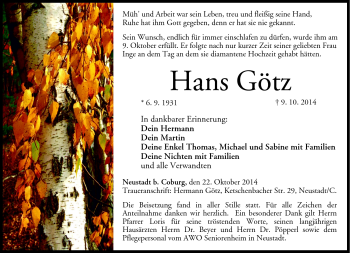 Traueranzeige von Hans Götz von Neue Presse Coburg