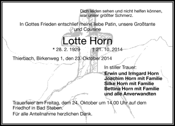 Traueranzeige von Lotte Horn von Frankenpost