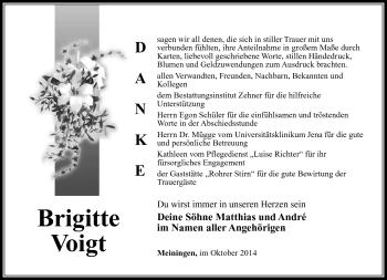 Traueranzeige von Brigitte Voigt von Südthüringer Presse