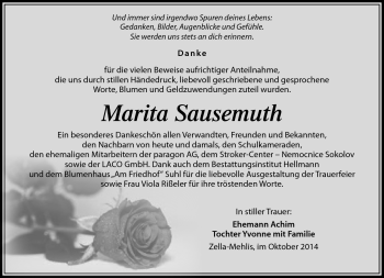 Traueranzeige von Marita Sausemuth von Südthüringer Presse