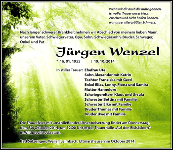 Traueranzeige von Jürgen Wenzel von Südthüringer Presse