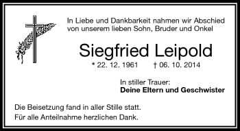 Traueranzeige von Siegfried Leipold von Frankenpost