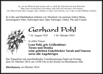 Traueranzeige von Gerhard Pohl von Südthüringer Presse