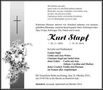 Traueranzeige von Kurt Stapf von Südthüringer Presse