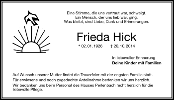 Traueranzeige von Frieda Hick von Frankenpost