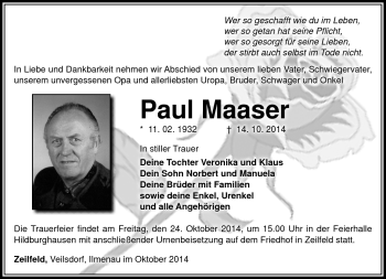 Traueranzeige von Paul Maaser von Südthüringer Presse