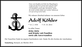 Traueranzeige von Adolf Köhler von Südthüringer Presse