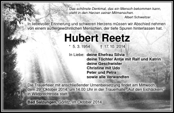 Traueranzeige von Hubert Reetz von Südthüringer Presse