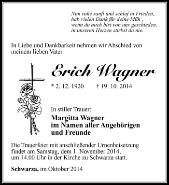 Traueranzeige von Erich Wagner von Südthüringer Presse