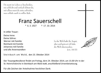 Traueranzeige von Franz Sauerschell von Neue Presse Coburg