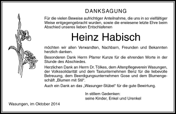 Traueranzeige von Heinz Habisch von Südthüringer Presse