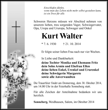 Traueranzeige von Kurt Walter von Südthüringer Presse