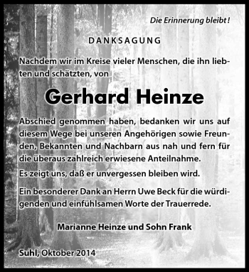 Traueranzeige von Gerhard Heinze von Südthüringer Presse