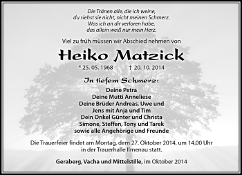 Traueranzeige von Heiko Matzick von Südthüringer Presse