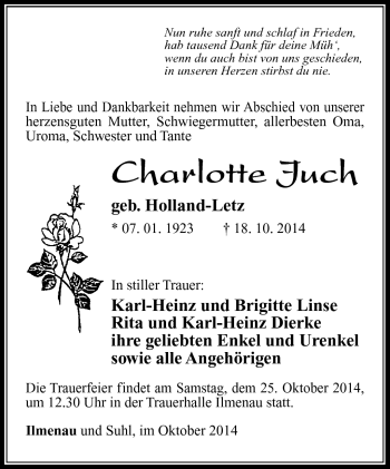 Traueranzeige von Charlotte Juch von Südthüringer Presse
