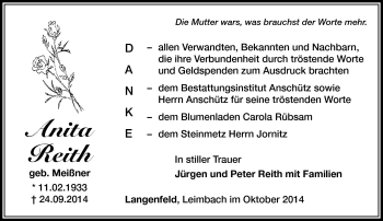 Traueranzeige von Anita Reith von Südthüringer Presse